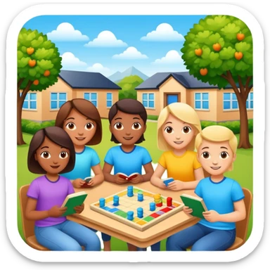 Happy students in the classroom and yard, reading new books, playing board games and doing sports, with bright colors and a positive atmosphere. sticker