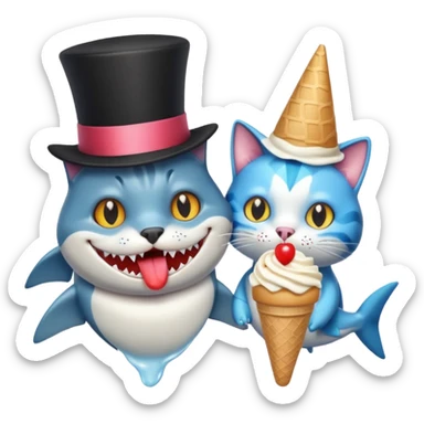 Shark with a top hat and a cat eating ice cream with a top hat sticker