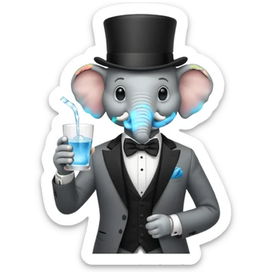 elephant wearing suit, bowtie and top hat, holding glass of water sticker
