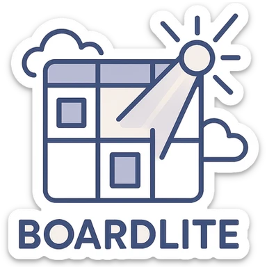 abstract logo for Boardlite app combining elements of a board with grid, card, or panel shapes and light with glow, beam, or illumination, modern minimal tech-inspired style, no person or animal sticker