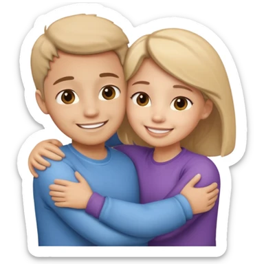 two people hugging side by side, smiling, rounded cute style, soft shading sticker