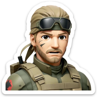 Cinematic Realistic Metal Gear Solid Snake Soldier Portrait, head tilted dramatically with an exaggeratedly amused expression, blending stealthy seriousness with a touch of unexpected humor. His rugged features, set against intricately detailed tactical gear in muted earth tones, are rendered with lifelike texture and dynamic lighting, high shine, dramatic yet whimsical, capturing the essence of a soldier whose epic covert skills are matched by a playful, irreverent spark. sticker