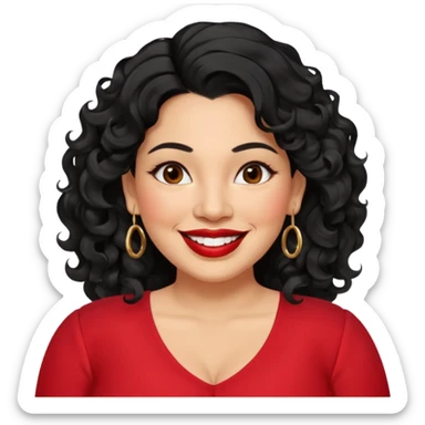 40 yr old Mexican woman, slightly chubby, wavy/curly long black hair, red lipstick, big smile, white teeth, brown eyes, hoop earings, side part to hair, round face, nice blouse, no wrinkle hair side swept, big hoop earing sticker