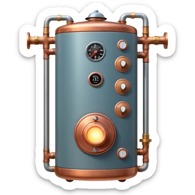 3D Pixar-style water heater unit with copper pipes and control knob, emitting a warm glow, realistic textures but friendly tone, front-facing, isolated on white

 sticker
