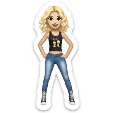 A blonde girl with short hair wearing a Shakira lace up croc top and short jeans and high heels  sticker