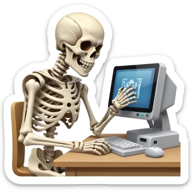 Skeleton punching his computer at his desk while raging at video game sticker