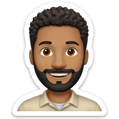 Caribbean man in his early 40s with medium brown complexion. Round friendly face. Energetic expression with wide smile. Cheerful dark eyes. Thick eyebrows. Wide nose. Well-groomed full black beard. Short curly black hair with faded sides. Wearing a cream colored casual shirt. sticker