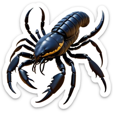 Cinematic Noble Emperor Scorpion Portrait Emoji, Poised and formidable, with a robust, armored build and a glossy, jet-black exoskeleton accented by striking, segmented pincers, deep-set piercing eyes, Simplified yet sharp and sophisticated features, highly detailed, glowing with a cool, dignified glow, high shine, intelligent and imposing, stylized with an air of ancient desert majesty, focused and attentive, soft glowing outline, capturing the essence of a watchful and commanding scorpion that feels as though it could silently creep out of the screen with effortless authority! sticker