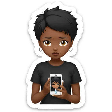 generate a pretty bratz girl with short black very messy hair, looking tired and using her phone, wearing an oversized black tshirt sticker