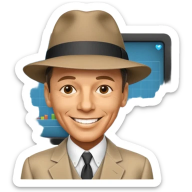 Frank Sinatra with the hat on, smiling and showing data analytics on a screen in the background sticker