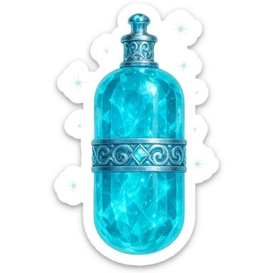 luxurious crystal elixir bottle in capsule (tablet) shape, cyan color, ornate silver and iridescent details, maximum magical glowing and sparkling effects, very small neck, seamless bottom, transparent background, bottle clearly floating in air, no base or shadow, modern, collection style sticker
