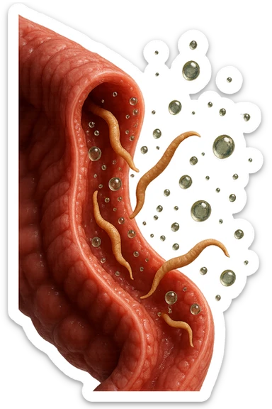 Realistic medical image of microscopic parasites leaving the intestines after taking natural kinesiological drops, symbolizing detox and cleansing. sticker