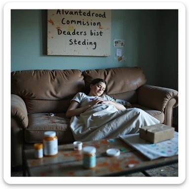 young artist asleep on a paint-stained couch, unfinished commission deadline written above her, medication bottles and a heating pad arranged nearby like war supplies, hyperrealistic 4K, creative and slightly chaotic atmosphere, visible exhaustion sticker