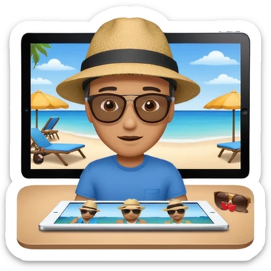 An iPad lying on a desk. On the iPad screen, a video is playing. The video shows a man talking to camera.  sticker