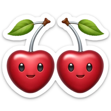 A pair of cherries emoji made of polished silver chrome, smooth rounded shapes, glossy metallic finish, soft highlights and reflections, cute proportions, iOS emoji style, centered, clean white background, no text sticker