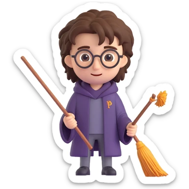 Add a broomstick to Harry Potter, keep messy hair and wand, 3D emoji style sticker