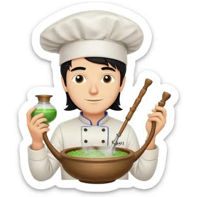 A white guy with black hair packing a hookah bowl with a chef hats  sticker