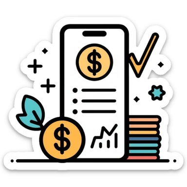 expense tracking app with dollar sign, charts, and coin stack sticker