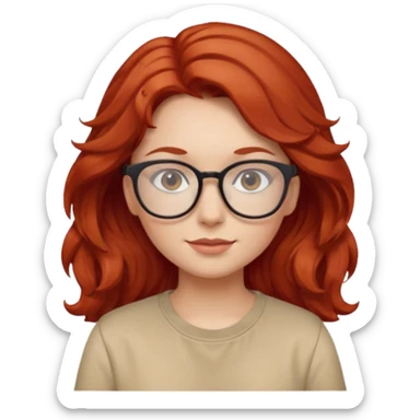 girl wear glasses, wavy red hair, beige shirt\ sticker