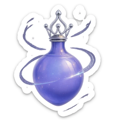 final ultra-luxurious small elixir bottle inspired by a crown shape on top, color #7986cb, bottom merges seamlessly into a rounded, closed bottle (not flat or glass-like), the whole bottle looks like it's floating and swirling in the air, elegant silver and iridescent details, magical glowing and sparkling effects, very small neck, seamless rounded bottom, transparent background, no base or shadow, modern, luxury collection style sticker