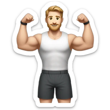 Full height Actively gesturing with hands Pale skinned Fit Man With the biceps and brown hair in dark gray Sleeveless Mike, black oversize sports shorts, watch and white Sneakers sticker