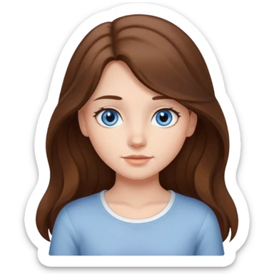 Girl with long brown hair that is slightly curly in the ends, blue-gray eyes and a white top sticker