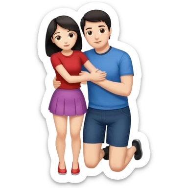  man with dark hair on knees, facing dark haired, middle aged woman in a micro mini skirt, hugging her waist sticker