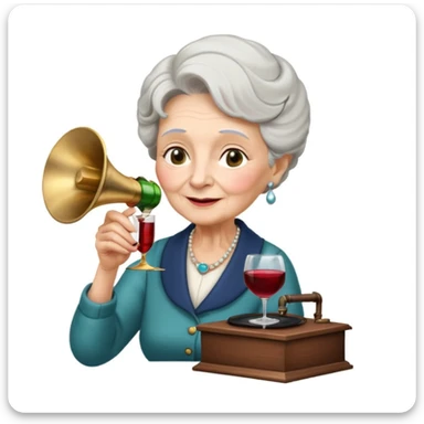 old lady with wineglass listening to gramophone sticker