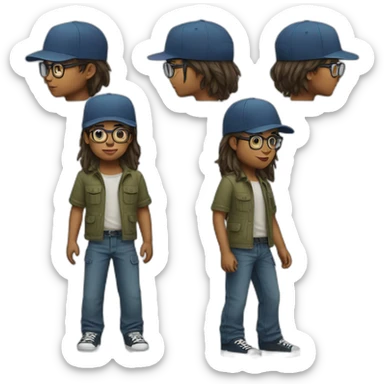 young boy with long hair and cap and Cargo pants and have glasses another hair sticker
