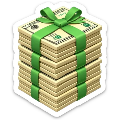 3D icon of stacked US dollar bundles with green straps, isometric view, game style sticker