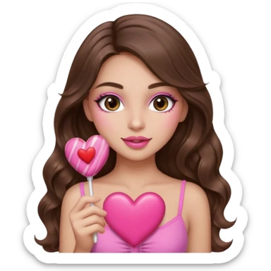 girl with long wavy brown hair, brown eyes, long lashes makeup, sexy pink lips, light to medium complexion, wearing a pink sexy top,, heart lillipop sticker