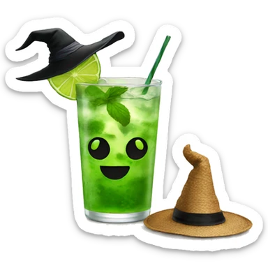 Mojito with witch hat sitting next to cup sticker