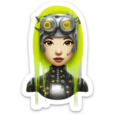 Neon yellow bobbed hair Asian female cyborg head with silver steampunk goggles and circuits sticker
