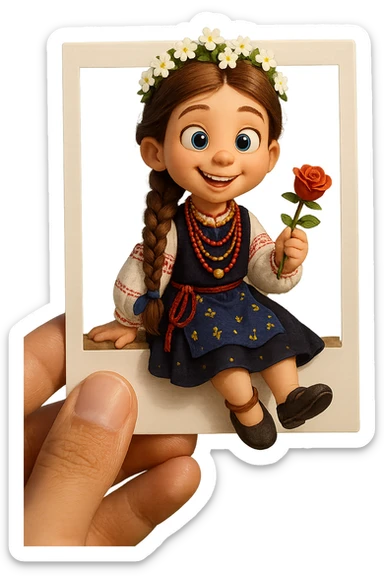 Based on the provided image, create a cute, stylised 3D character sitting playfully on the edge of a white Polaroid-style frame with one leg hanging off the edge. The character is holding a red rose and is wearing the same clothes as in the reference image.
The background is a soft, blurred landscape with a Ukrainian scenery.
The frame is held by a human hand with warm (light brown) skin tone.
The character has a happy, expressive face and Pixar-style lighting. The composition is centred, with realistic soft shadows and bright natural lighting.
Aspect ratio: 2:3. sticker
