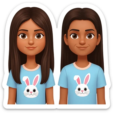 two identical friends with the emoji style. Both have matching bunny shirts and have PIN STRAIGHT HAIR One has super long dark brown hair that goes to waist, one has long hair that is also dark brown. They both have Indian skin sticker