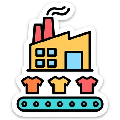 factory icon, multiple garments, production line, professional yet approachable sticker