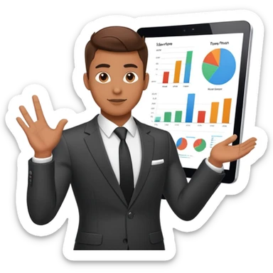 Cool guy in suit presenting a startup pitch deck with charts and graphs sticker