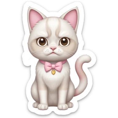 A White grumpy cat with light pink ears and paws and with a bow around its neck. The cat shall be on two legs sticker