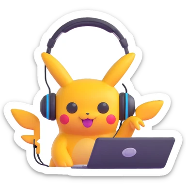 Pokémon character with headphones, editing video on a computer, cheerful expression sticker