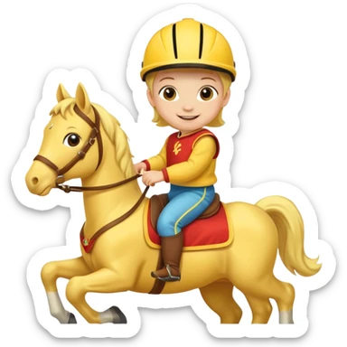 baby riding horse wearing racing cloth yellow sticker