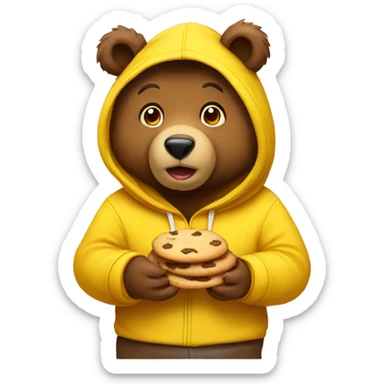 brown bear wearing a yellow hoodie and eating a cookies sticker