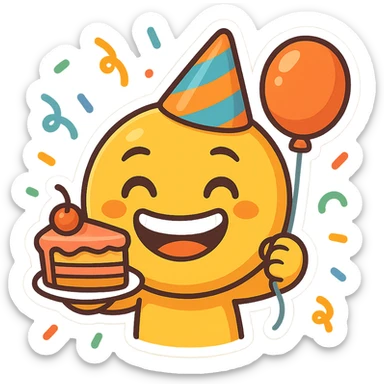happy emoji character with wide grin, party hat, holding piece of cake and balloon, surrounded by confetti, vibrant cartoon style sticker