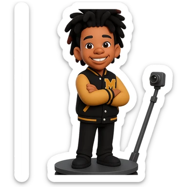Create a 3D cartoon style emoji of the person in the reference photo. Capture his hairstyle and facial features accurately. He is wearing the same letterman jacket with an M on it, arms crossed and smiling. He is standing on a 360 photobooth platform with a rotating camera arm visible. Keep the background transparent. sticker