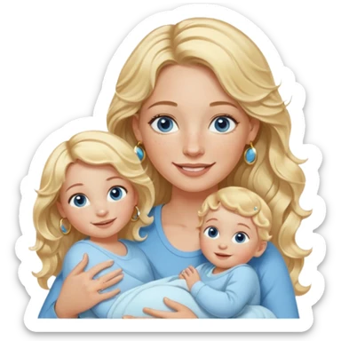 Wavy blonde, white woman with blue eyes, freckles hoop earrings, holding babies smiling and really cute in gold hoops she needs to be holding three newborns, and she needs to be more cute than pretty sticker