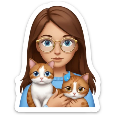White girl with blue eyes, brown hair, freckles, and gold glasses, holding a small calico cat sticker