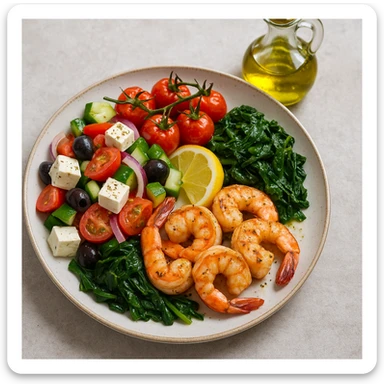 realistic Mediterranean meal plate with seafood, vegetables, and olive oil, vibrant colors sticker
