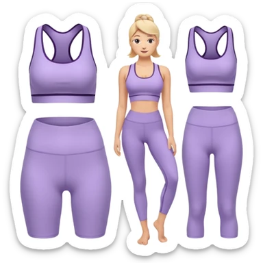 modern yoga set emoji, lavender sports bra and leggings high-waisted, subtle ribbed details small logo, comfortable flexible outfit, wellness yoga activities sticker