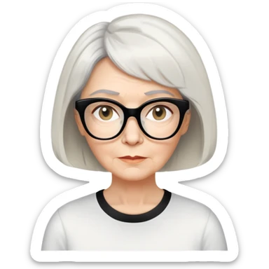 white older woman about 60 with light warm skin, short black bob haircut with slight waves at ends, neutral expression, large black shiny butterfly or cat-eye glasses, white casual t-shirt, calm and creative energy sticker