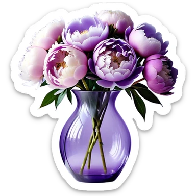 "A stylized bouquet of peonies in soft shades of light purple, pastel lilac, and icy lavender, arranged in a semi-transparent violet glass vase with exaggerated curves. The petals have a flowing, almost watercolor-like texture, blending seamlessly into each other. A wide, silky ribbon in a matching pastel purple hue wraps around the vase, with elegantly elongated ends that twist and curl in the air."
 sticker