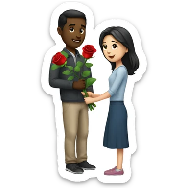 The guy gives the girl a rose sticker